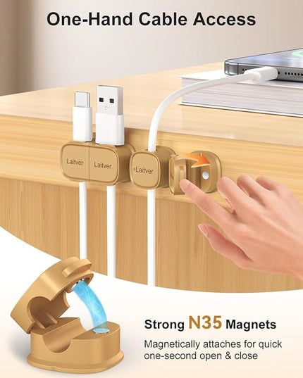 6 Pack Magnetic Cable Clips [1s Open/Lock], Laitver Cord Organizer Holder Strong Adhesive Desk Cable Management- Organize Charging Cords Neatly for Home, Office, Car,Desk, Nightstand-Milk Coffee