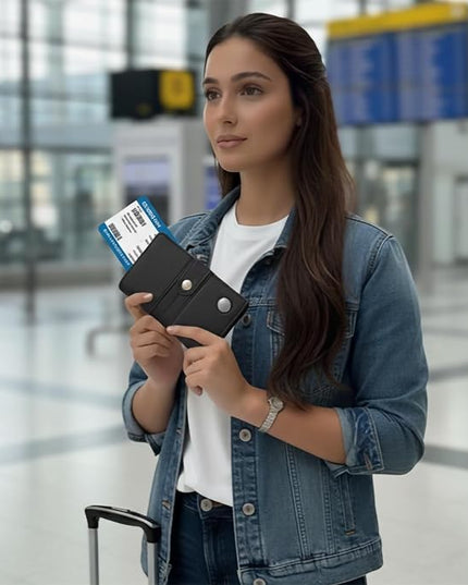 elzama Women's RFID Blocking Passport Wallet, Black with Airtag Holder, Includes Keychain & Pen Holder, Zippered, 11 Pockets, Faux Leather, Slim