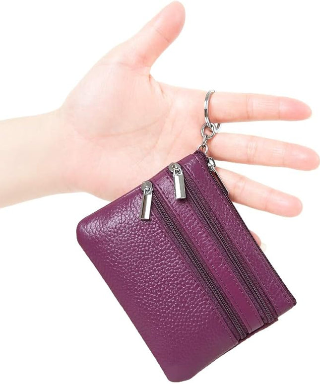 Women's Genuine Leather Coin Purse Mini Pouch Change Wallet with Keychain