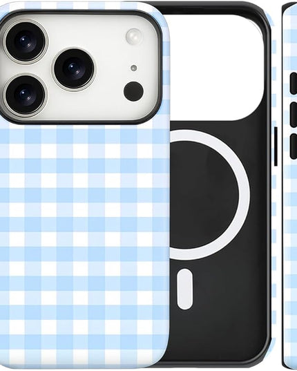Magnetic for iPhone 17 Pro Max Case Cute Checkered Stripes Phone Case for Women Girls, Shockproof Slim TPU and Hard PC Protective Phone Cover Compatible with MagSafe Designed, Blue