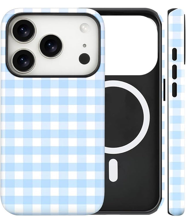 Magnetic for iPhone 17 Pro Max Case Cute Checkered Stripes Phone Case for Women Girls, Shockproof Slim TPU and Hard PC Protective Phone Cover Compatible with MagSafe Designed, Blue