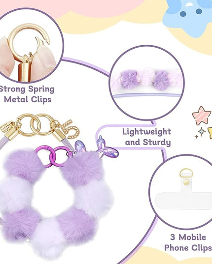2 Pcs Phone Charm Wrist Strap with Tether Tab, Double Anti Lost Fluff Ball Beaded Wrist Lanyard, Detachable Leather Phone Charms for Bag, Key Chains, Camera Decor