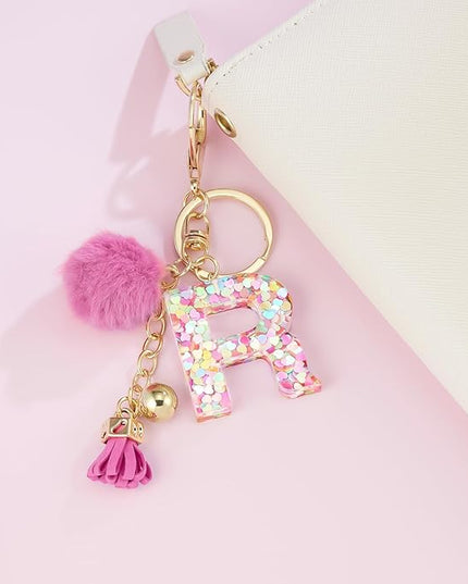 Resin Alphabet Initial Letter Keychain Keyring for Women Purse Handbags With Fur Ball Pom