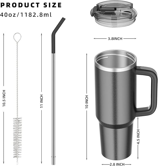 40 oz tumbler with handle and straw,Double Wall Vacuum Reusable Stainless Steel Insulated Water Bottle,With Leak Proof lid and Straw for Iced or Cold Beverages (Black)