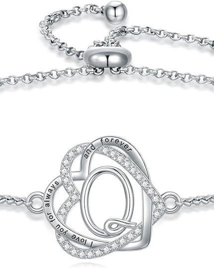 TOUPOP Gifts for Women Heart Initial Bracelet 925 Sterling Silver Double Heart Bracelet Birthday Jewelry Birthday Christmas Gifts for Her Wife Girlfriend