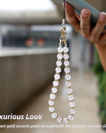 Marble Beaded Phone Wrist Strap,Detachable Phone Bracelet Strap with Tether Tab,Hands-Free Wristlet Strap (Rose Quartz)