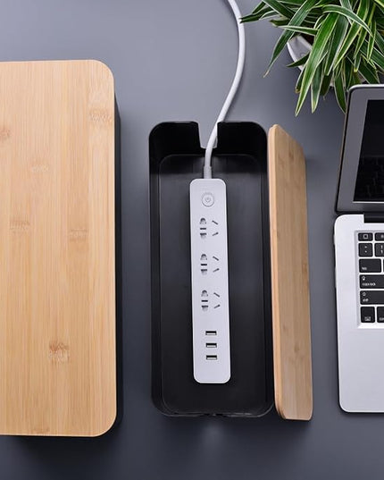 2 Pack Large Cable Management Box – Wooden Style Cord Organizer Box and Cover for TV Wires, Computer, Router, USB Hub and Under Desk Power Strip – Safe ABS Material and Baby-Pets Proof Lock (Black)