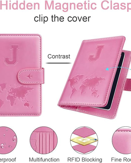 Passport Holder Cover Initail Letter A-Z Travel Wallet Embossed Design RFID Blocking Card Holder Personalized Gift Passport Cover Wallet, Passport Book Holders for Women and Girls, Pink-J