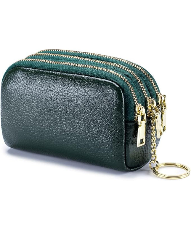 LINNO 3 Zippered Genuine Leather Coin Purse Triple Capacity Change Pouch Little Travel Wallet With Key Ring for Women