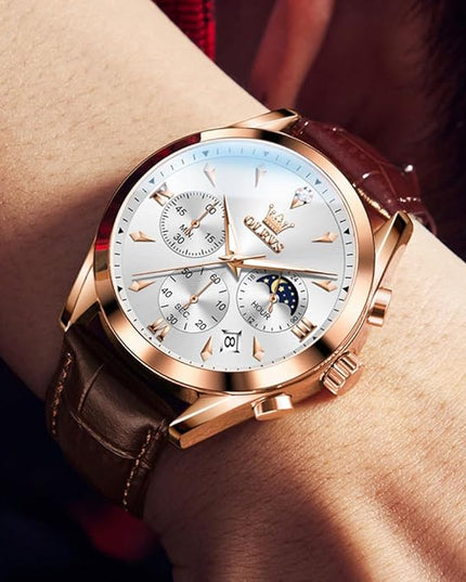 OLEVS Men's Watches Leather Strap Analog Quartz Watch, Fashion Big Dial Date Waterproof Watch, Dress Luxury Luminous Men Watches