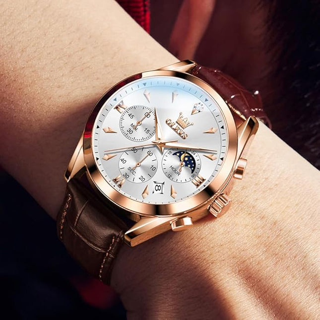 OLEVS Men's Watches Leather Strap Analog Quartz Watch, Fashion Big Dial Date Waterproof Watch, Dress Luxury Luminous Men Watches