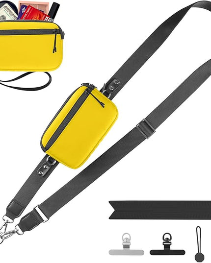 Clip and Go Strap for Phone with Wallet Crossbody, Adjustable Phone Lanyard with Detachable RFID Wristlet Wallet & Ultra-Thin 360° Rotatable Metal Tabs for All Smartphones (Yellow)