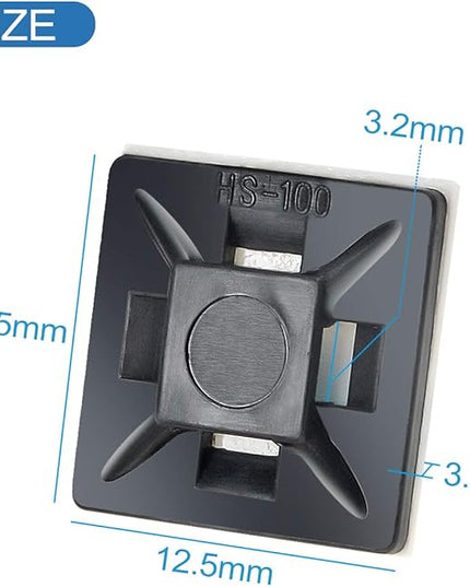 XHF 200 PCS 1/2" Black Self Adhesive Cable Zip Tie Mounts Wire Cable Clips Holders Management Anchors Organizer Holders Squares(HS-100)