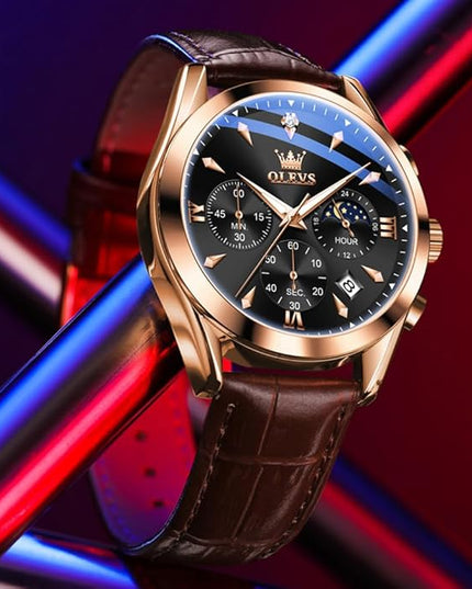 OLEVS Men's Watches Leather Strap Analog Quartz Watch, Fashion Big Dial Date Waterproof Watch, Dress Luxury Luminous Men Watches