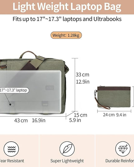 Nerlion Messenger Bag for Men 17-17.3 Inch Laptop Bag Canvas Water-resistant Computer Bag Shoulder Bag Work Briefcase Bookbag for College (Green)