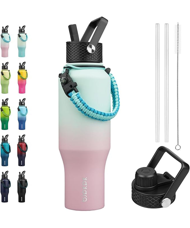 BJPKPK Insulated Water Bottles with Straw Lid, 35oz Metal Water Bottle with 2 lids & Paracord Strap, Double Wall Stainless Steel Vacuum Tumblers, Cups, Mugs, Thermo for Hot& Cold Drinks, Marshmallow
