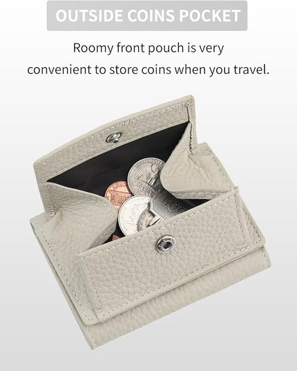Real Leather RFID Blocking Small Wallet for Women with Coin Pouch Trifold Mini Pocket Wallet with Cash Slot & Card Holders (Grey Beige)