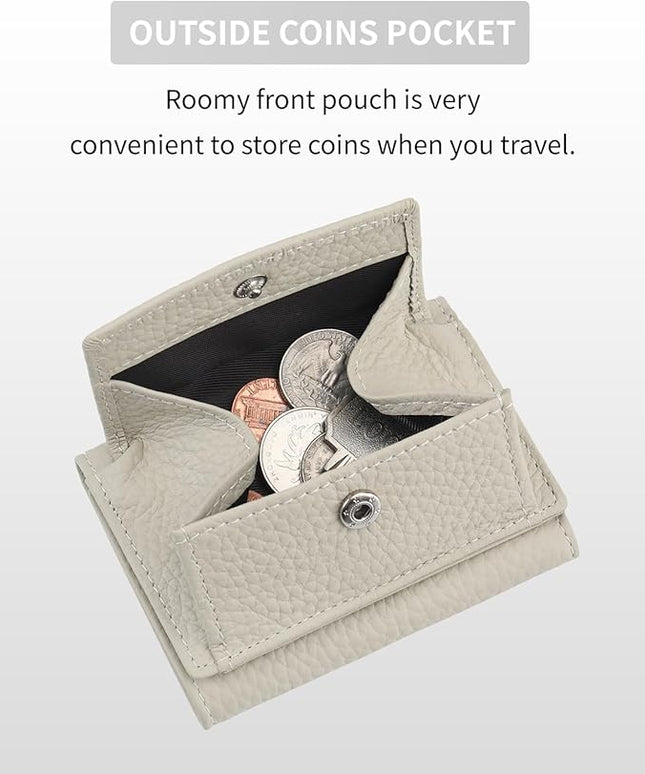 Real Leather RFID Blocking Small Wallet for Women with Coin Pouch Trifold Mini Pocket Wallet with Cash Slot & Card Holders (Grey Beige)