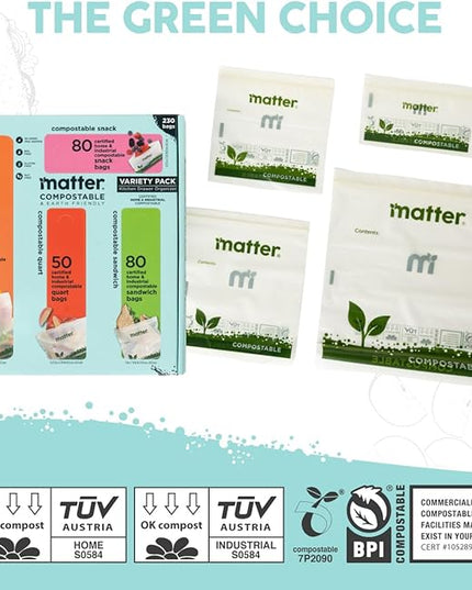 Matter Compostable Assorted Kitchen Bags, 230 Count, Biodegradable, Eco-Friendly Resealable Food Storage Variety Pack, 80 Snack, 80 Sandwich, 50 Quart & 20 Gallon
