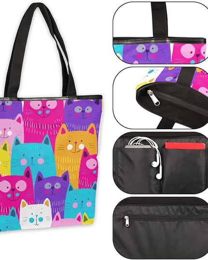 Pardick Cute Cats Colorful Seamless Canvas Tote Bag, Eco Friendly Reusable Grocery Shopping Bags Beach Bag Book Tote Handbags Washable Shoulder Bag With Zipper Inner Pocket for Women Girls