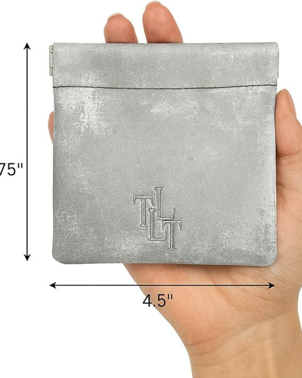 Satin Mini Pouch – Genuine Leather Small Makeup Bag, Travel Jewelry Organizer, Soft Cosmetic Pouch, Coin Purse, Gift Box and Dust Bag Included (Silver)