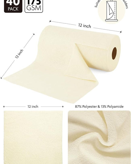 Fantasticlean Microfiber Cleaning Cloth Roll -40 Pack, Tear Away Microfiber Towels, 12" x 12", Reusable, Washable, Scratch Free, Ultra Absorbent Dishcloth for All-Around Cleaning Supplies (Beige)