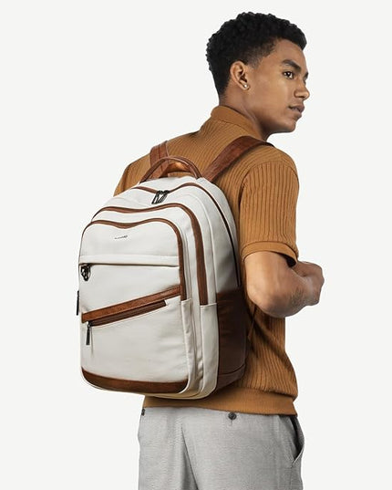 43L Backpack for Women Men - Vegan Leather Backpack Purse Travel Carry-on Bag College Bookbag Work fits 17" Laptop, Beige