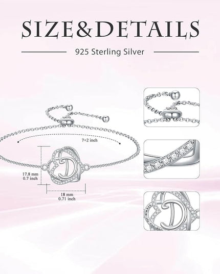 TOUPOP Gifts for Women Heart Initial Bracelet 925 Sterling Silver Double Heart Bracelet Birthday Jewelry Birthday Christmas Gifts for Her Wife Girlfriend