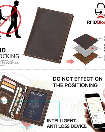 CONTACTS Full Grain Leather Passport Holder RFID Blocking Travel Passport Wallet Compatible with Airtag Slim Passport Cover Case with 4 Cards Slots, Coin Pocket (Brown)