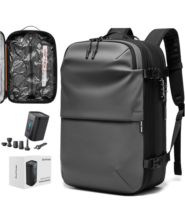 BlackVoyage Vortex Vacuum Seal Travel Backpack 60L Expandable Air Compression System Water Resistant TSA Lock Carry-On Suitcase Luggage Gray AERO - Vacuum Pump Included