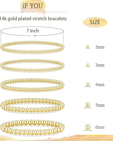 Gold Beaded Bracelets for Women, 14K Real Gold Plated Jewelry for Women Dainty Pearl Bead Bracelets Stack, Non Tarnish Trendy Stackable Ball Cross Stretch Bracelet Set Fashion Accessories Gifts