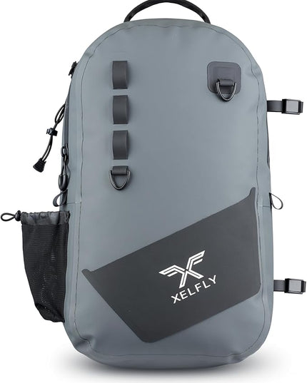 Xelfly - Waterproof Fishing Backpack with Rod Holder, Inflatable Air Valve, Padded Waist Straps & Gear Loops - Submersible Zipper, Rugged Top Handle, Adjustable Attachments (Gray)