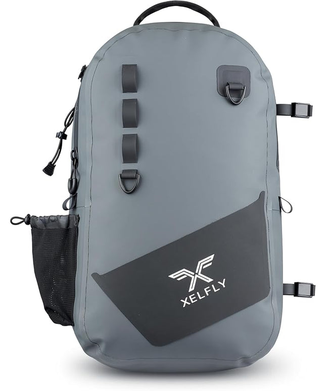 Xelfly - Waterproof Fishing Backpack with Rod Holder, Inflatable Air Valve, Padded Waist Straps & Gear Loops - Submersible Zipper, Rugged Top Handle, Adjustable Attachments (Gray)