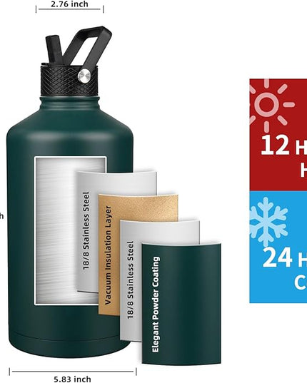 Insulated Water Bottle 128oz,Triple Wall Vacuum Stainless Steel(Dishwasher Safe),Leak Proof & Non-BPA,Flask Jug with Paracord Handle & Straw Spout Lids Sports Green