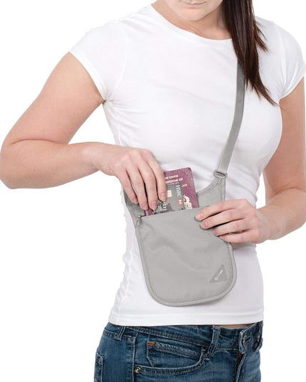Pacsafe Coversafe V75 Anti-Theft RFID Blocking Passport Holder & Neck Pouch/Wallet - Fits up to Four Passports (or iPhone X) plus Credit Cards, for Women & Men (Neutral Grey)