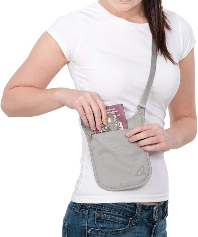 Pacsafe Coversafe V75 Anti-Theft RFID Blocking Passport Holder & Neck Pouch/Wallet - Fits up to Four Passports (or iPhone X) plus Credit Cards, for Women & Men (Neutral Grey)