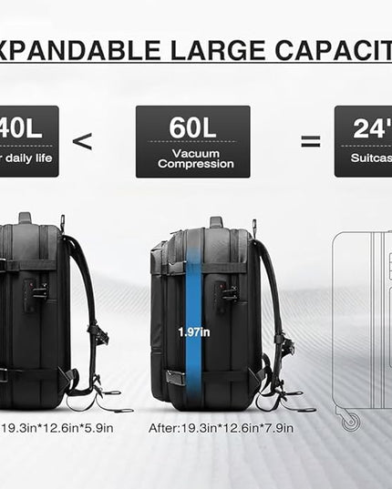 Travel Anti-theft Backpack,Vacuum Seal Bag wIth Air Pump,60L Expandable Air Compression with TSA Lock,BLACK