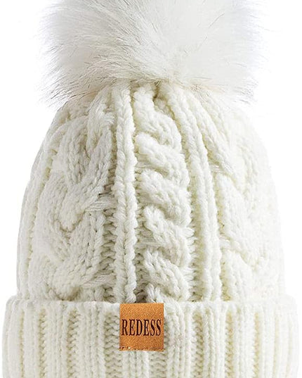 REDESS Women Winter Pompom Beanie Hat with Warm Fleece Lined, Thick Slouchy Snow Knit Skull Ski Cap