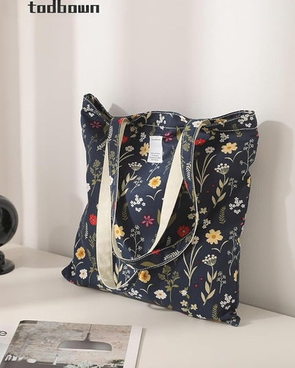 Floral Cotton Canvas Tote Bag for Women: 14x15 Inches Reusable Grocery Bag for Work, School, Travel, Gym