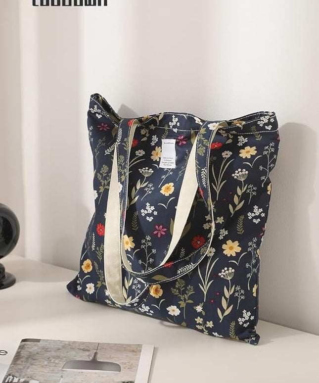 Floral Cotton Canvas Tote Bag for Women: 14x15 Inches Reusable Grocery Bag for Work, School, Travel, Gym