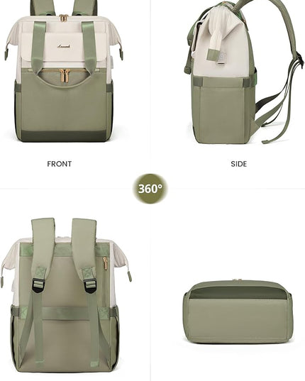 LOVEVOOK Laptop Backpack for Women, 15.6 Inch Work Laptop Bag with USB Port, Fashion Teacher Nurse Backpack Purse, Waterproof Travel Computer Backpack with Organizer Bag, 2PCS, Beige-Bean Green