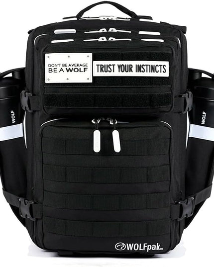 WOLFpak 35L Athletic Gym Backpack - Durable 1000D Waterproof Oxford Material with MOLLE Webbing, Laptop Pocket & Dual Cup Holders, Durable Fitness/Travel/Military Daypack (Alpha Black White Accents)