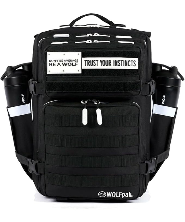 WOLFpak 35L Athletic Gym Backpack - Durable 1000D Waterproof Oxford Material with MOLLE Webbing, Laptop Pocket & Dual Cup Holders, Durable Fitness/Travel/Military Daypack (Alpha Black White Accents)