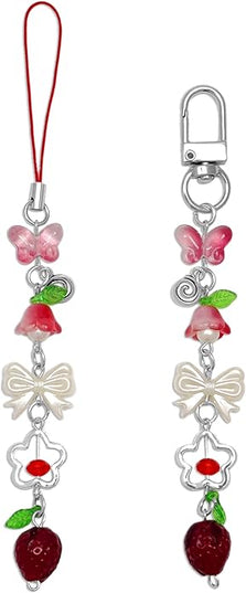 2PCS Cute Phone Charms Aesthetic Y2k Pink Guitar Strawberry Star Phone Straps Key Chains for Keys Bags Camera