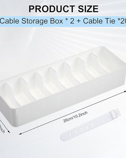 Tatuo 2 Pcs Cable Organizer with 20 Wire Ties, Plastic Cord Storage Charger Electronics Box with Adjustment Compartments for Drawer Home Office Desk Accessories (White)