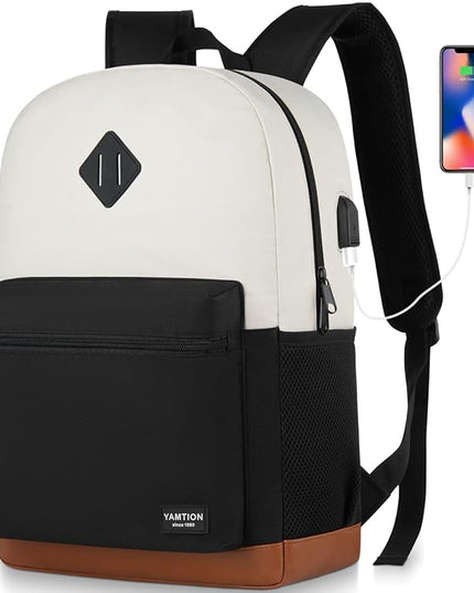 YAMTION 17 Inch School Backpack Women,Classic Back Pack College Bookbag Teen Boys and Girls Black Beige