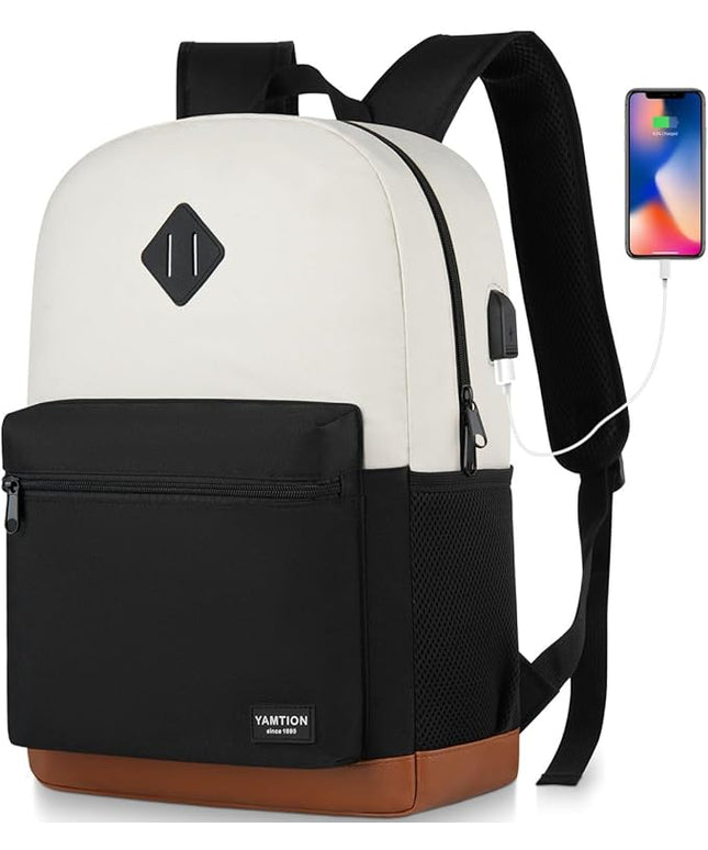 YAMTION 17 Inch School Backpack Women,Classic Back Pack College Bookbag Teen Boys and Girls Black Beige
