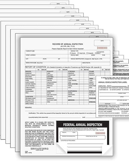 J. J. Keller 10-Pack, Record of Annual Inspection Form with Inspection Label & Prenumbered Vinyl Adhesive Label 2-Ply, 2-Ply Carbonless Form, DOT Compliant