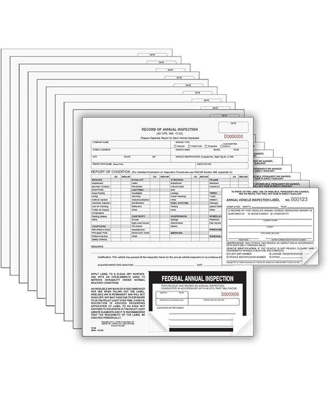 J. J. Keller 10-Pack, Record of Annual Inspection Form with Inspection Label & Prenumbered Vinyl Adhesive Label 2-Ply, 2-Ply Carbonless Form, DOT Compliant