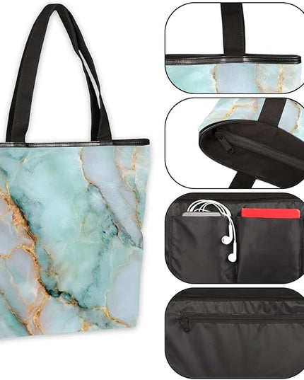 Pardick Canvas Tote Bags, Light Blue Marble Tote Bag Eco Friendly Reusable Grocery Shopping Bagsfor Beach, Books, Women with Zipper Inner Pocket